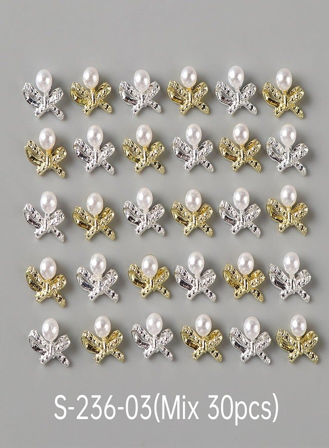 CJDLTS Bow with Pearl Nail Art Accessories Mix Stereo Matel Nails Decoration 30 Pcs Gold & Silver Sweet Bow with Pearl Nail Supplies Suitable Women Daily Manicure Decoration - Image 4